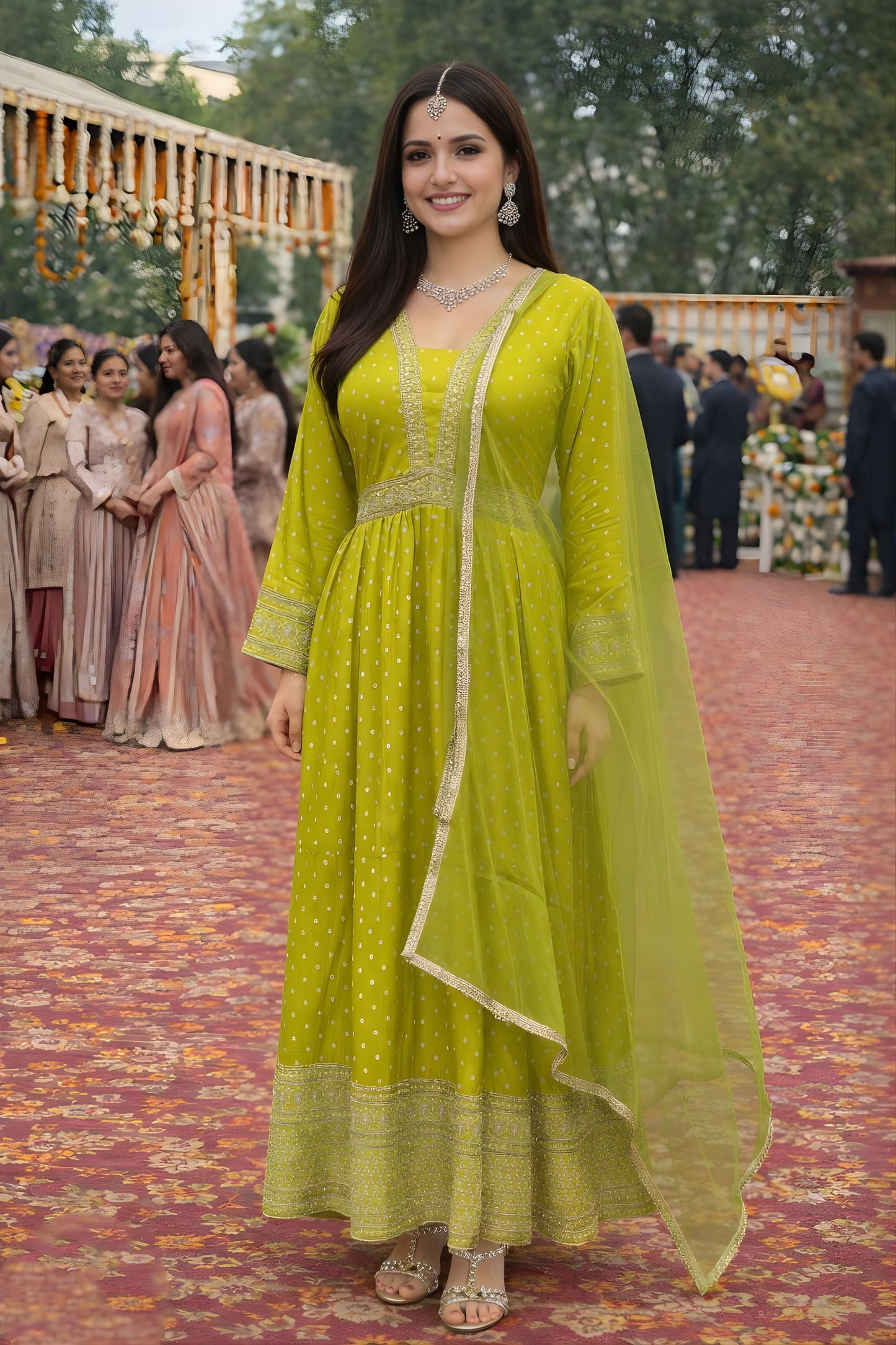 Elegant Lime Green Viscose Jacquard Anarkali Suit Heavy Embroidery Net Dupatta