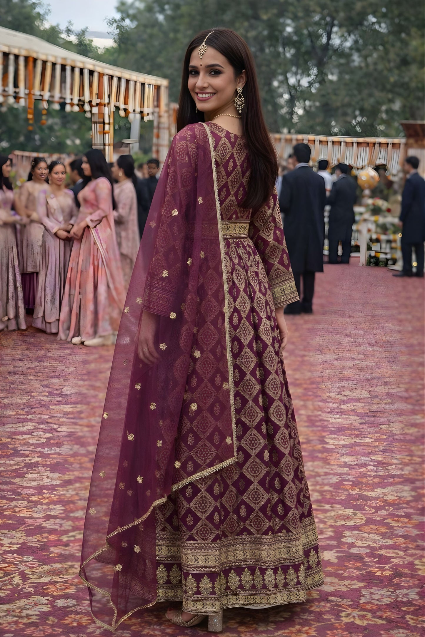 Royal Wine Viscose Jacquard Woven Anarkali Suit Designer Net Dupatta