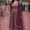 Royal Wine Viscose Jacquard Woven Anarkali Suit Designer Net Dupatta