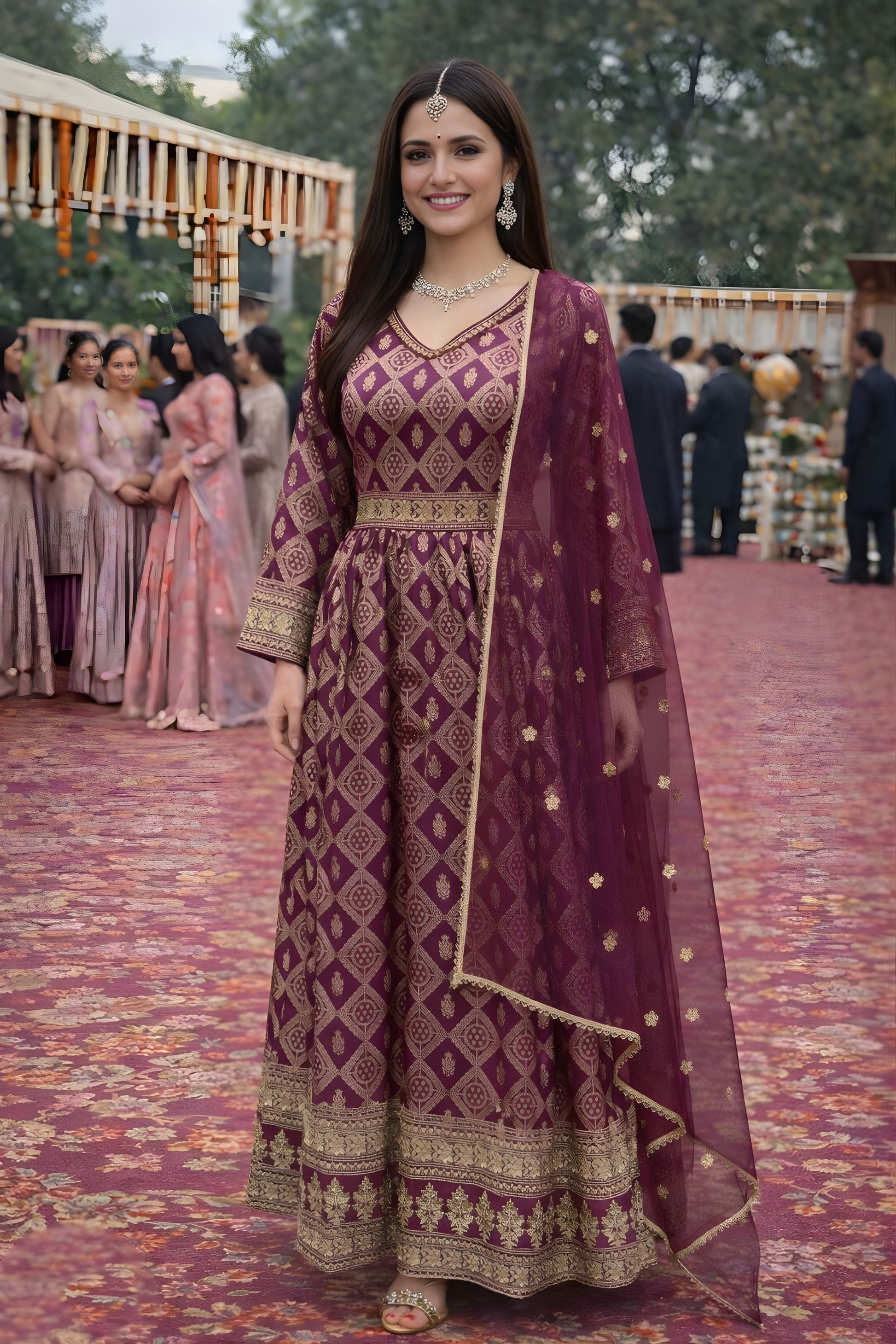 Royal Wine Viscose Jacquard Woven Anarkali Suit Designer Net Dupatta