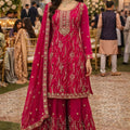Luxury Rani Pink Fendy Silk Embroidered Pakistani Palazzo Suit Set with Dupatta