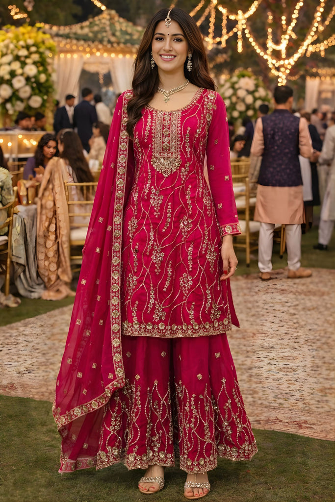 Luxury Rani Pink Fendy Silk Embroidered Pakistani Palazzo Suit Set with Dupatta