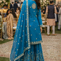 Beautiful Teal Blue Fendy Silk Embroidered Pakistani Palazzo Suit Set Dupatta