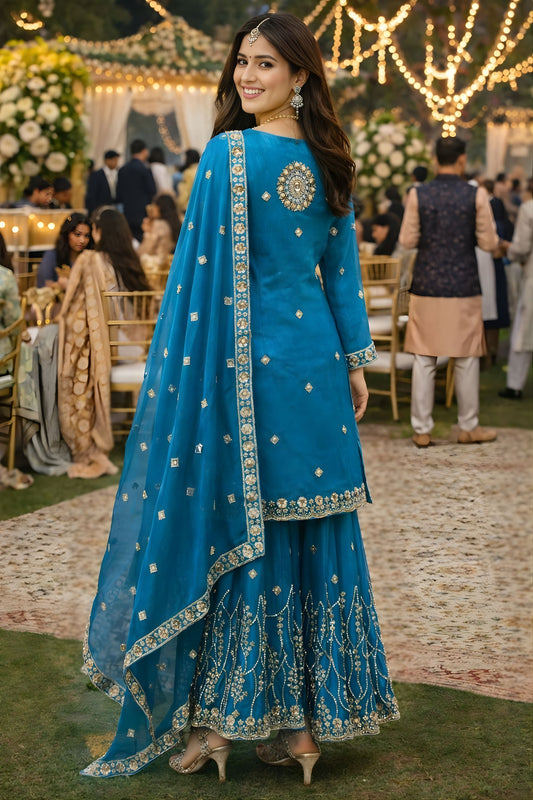 Beautiful Teal Blue Fendy Silk Embroidered Pakistani Palazzo Suit Set Dupatta