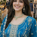 Beautiful Teal Blue Fendy Silk Embroidered Pakistani Palazzo Suit Set Dupatta