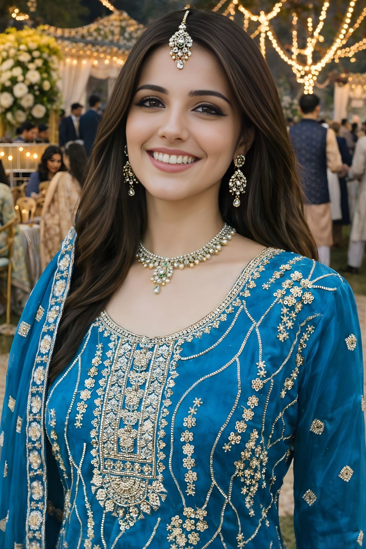 Beautiful Teal Blue Fendy Silk Embroidered Pakistani Palazzo Suit Set Dupatta