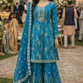 Beautiful Teal Blue Fendy Silk Embroidered Pakistani Palazzo Suit Set Dupatta