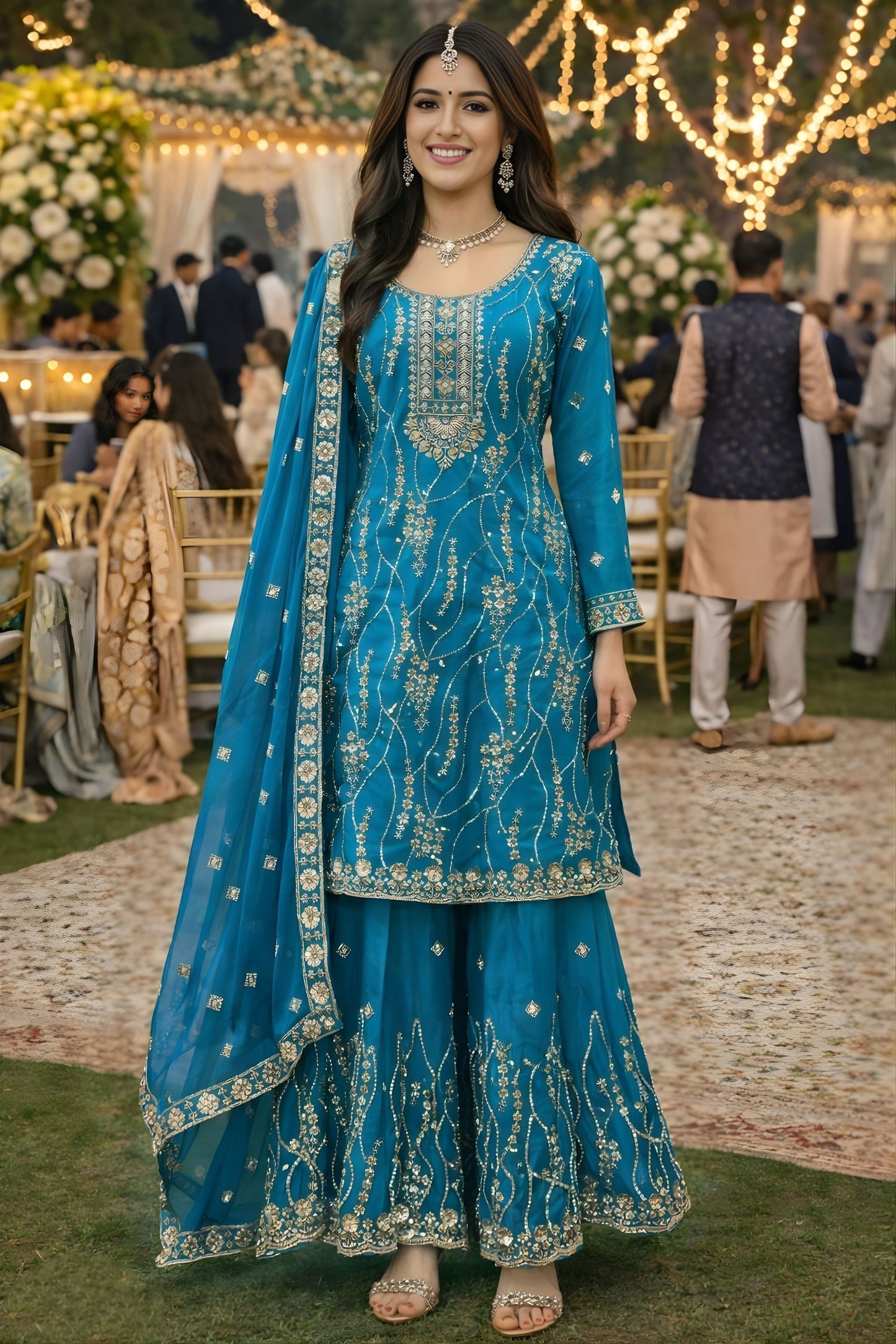 Beautiful Teal Blue Fendy Silk Embroidered Pakistani Palazzo Suit Set Dupatta