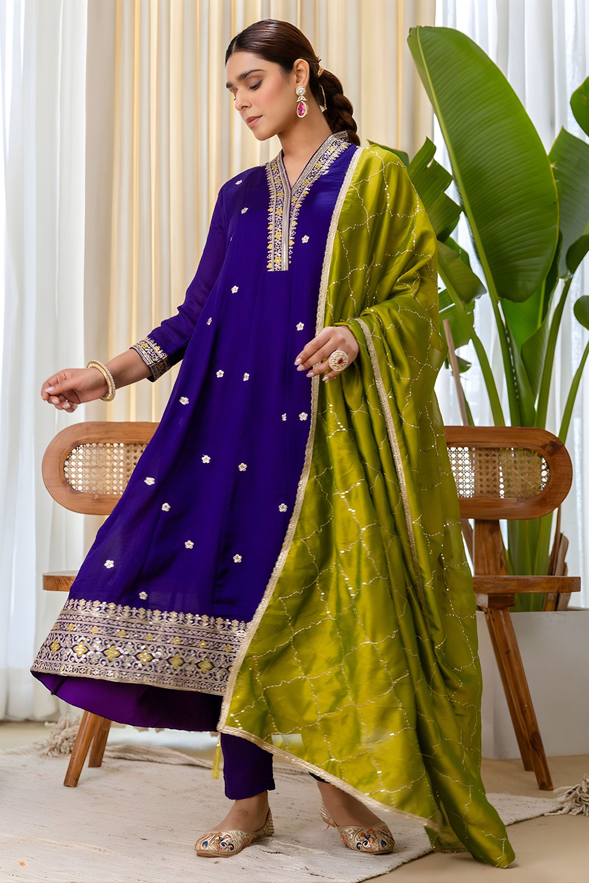 Luxury Royal Purple Silk Embroidered Suit Set Designer Dupatta