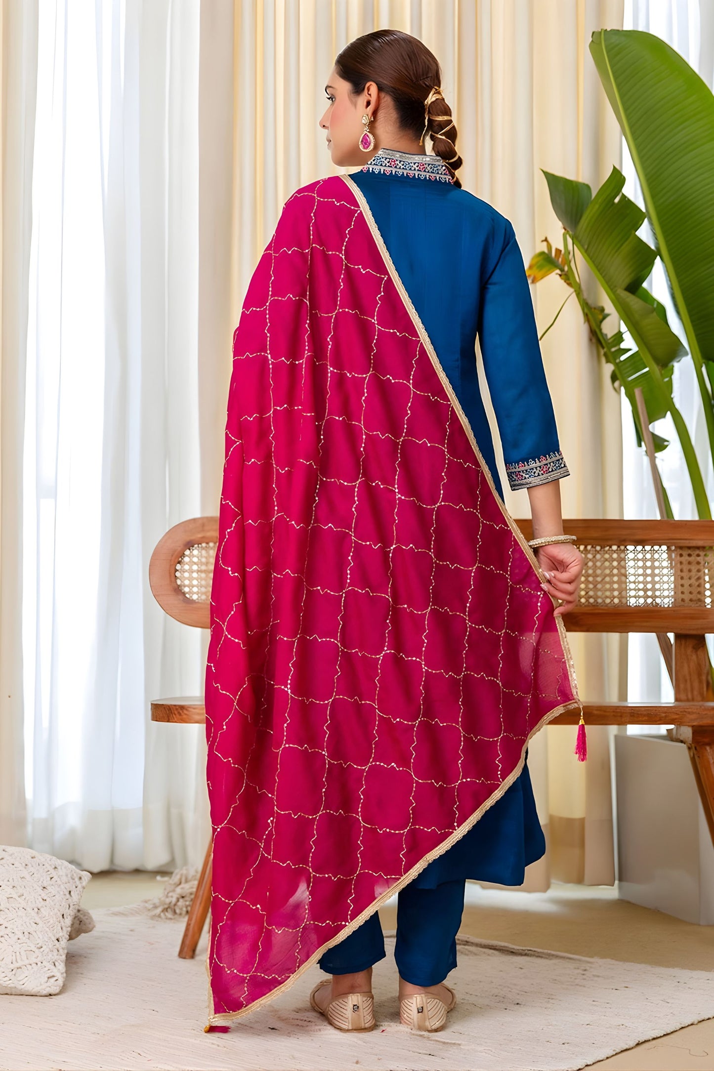 Beautiful Teal Blue Silk Embroidered Suit Set Designer Dupatta