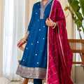 Beautiful Teal Blue Silk Embroidered Suit Set Designer Dupatta
