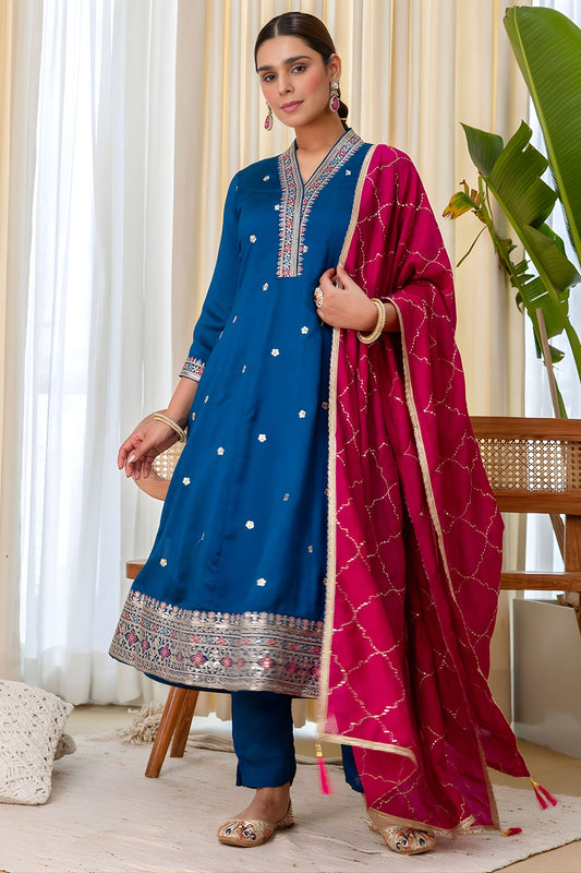 Beautiful Teal Blue Silk Embroidered Suit Set Designer Dupatta