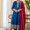 Beautiful Teal Blue Silk Embroidered Suit Set Designer Dupatta