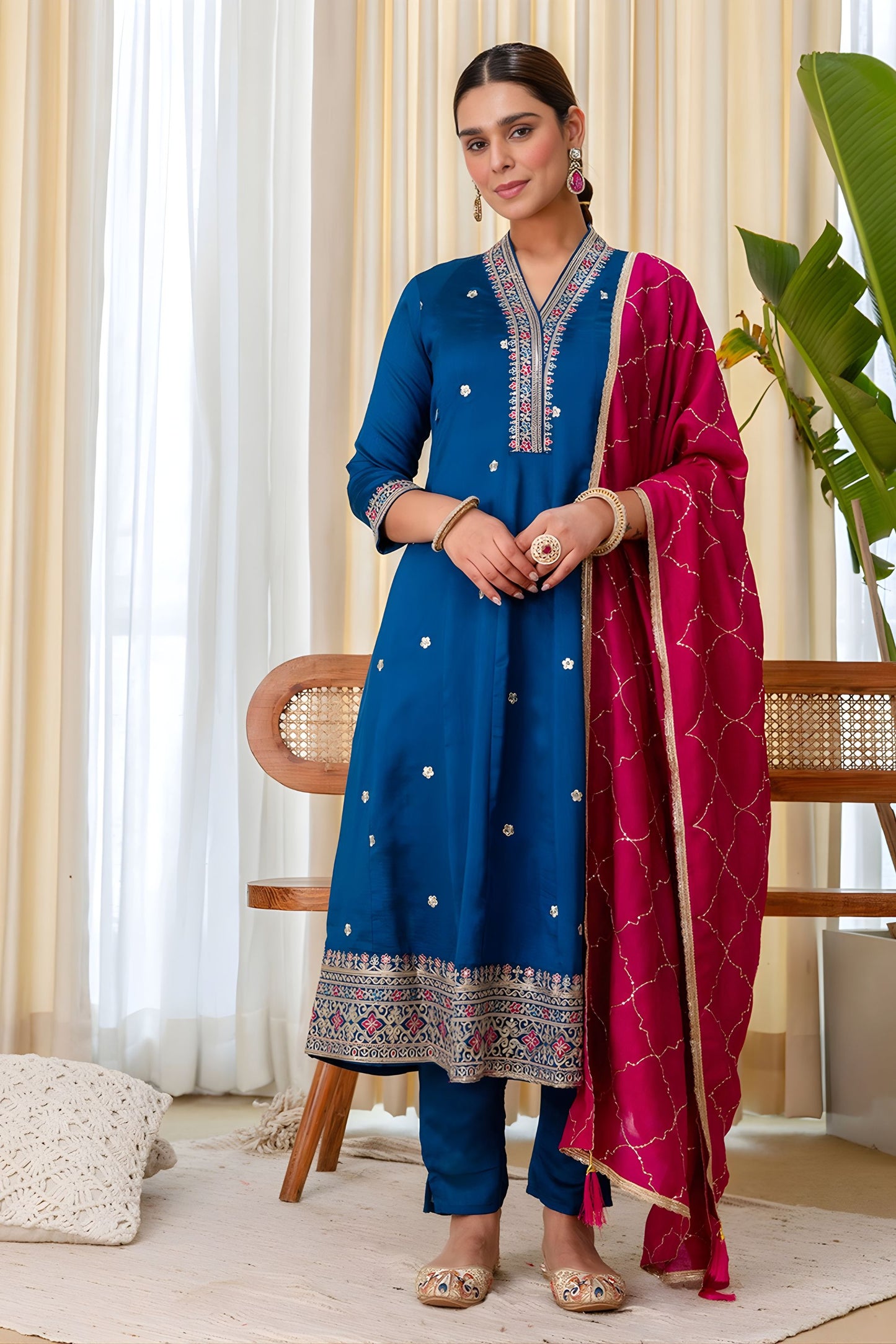 Beautiful Teal Blue Silk Embroidered Suit Set Designer Dupatta