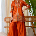 Wonderful Rust Orange Silk Heavy Embroidered Palazzo Suit Set with Designer Dupatta