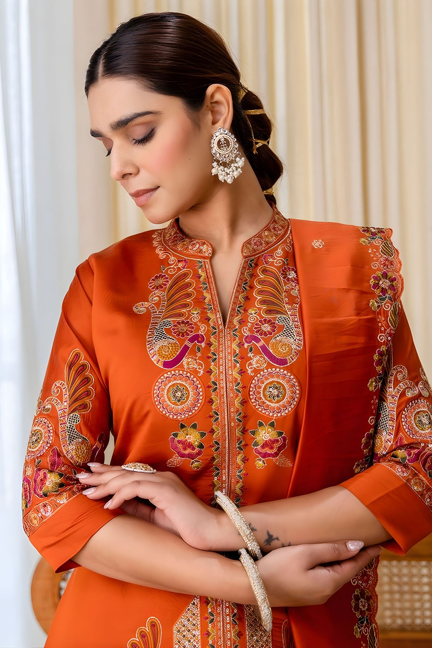 Wonderful Rust Orange Silk Heavy Embroidered Palazzo Suit Set with Designer Dupatta