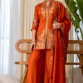 Wonderful Rust Orange Silk Heavy Embroidered Palazzo Suit Set with Designer Dupatta