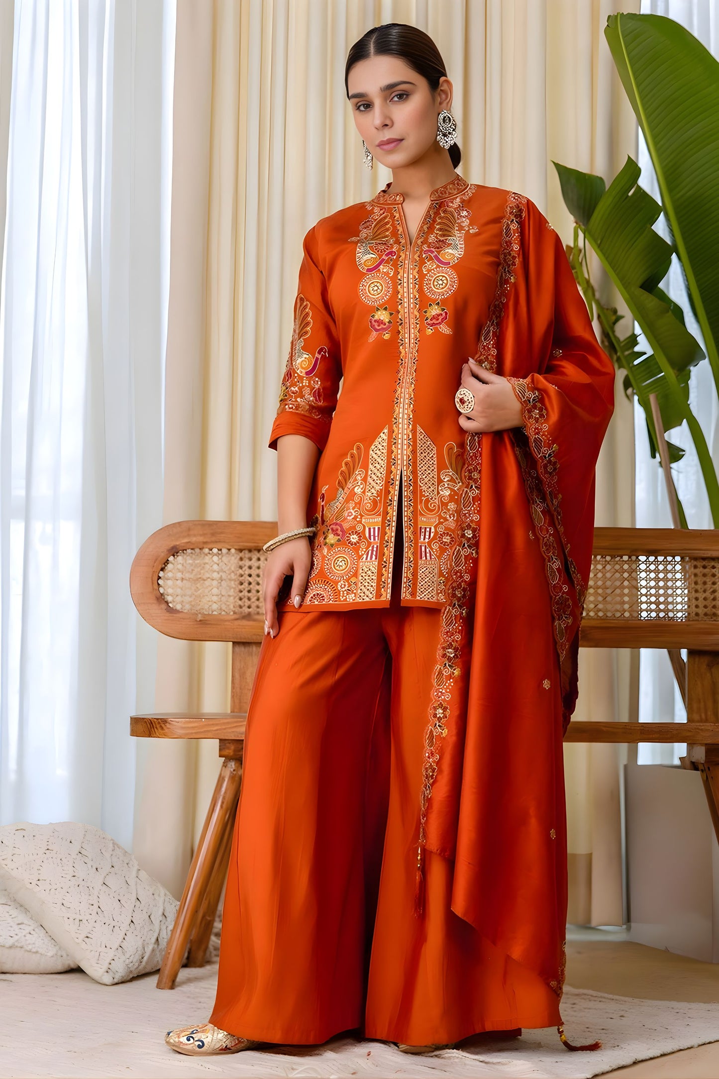 Wonderful Rust Orange Silk Heavy Embroidered Palazzo Suit Set with Designer Dupatta