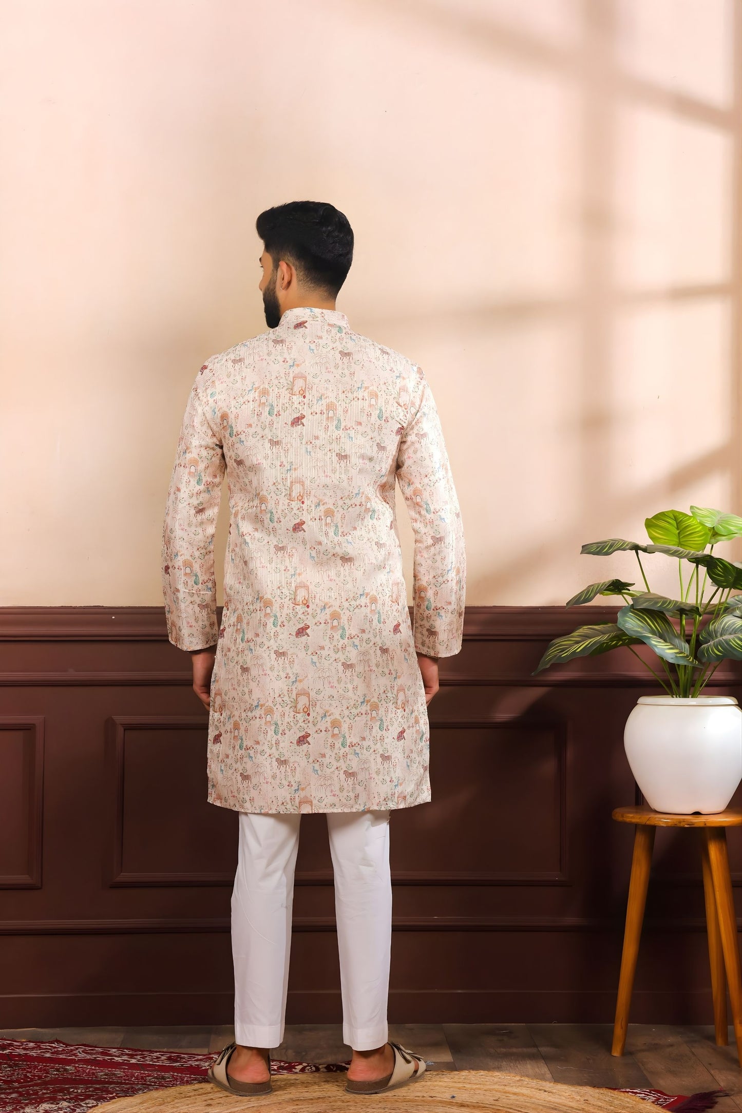 Premium Off White Printed Cotton Kurta Pyjama Set for Men