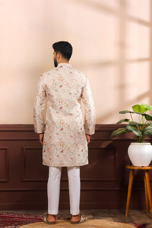 Premium Off White Printed Cotton Kurta Pyjama Set for Men