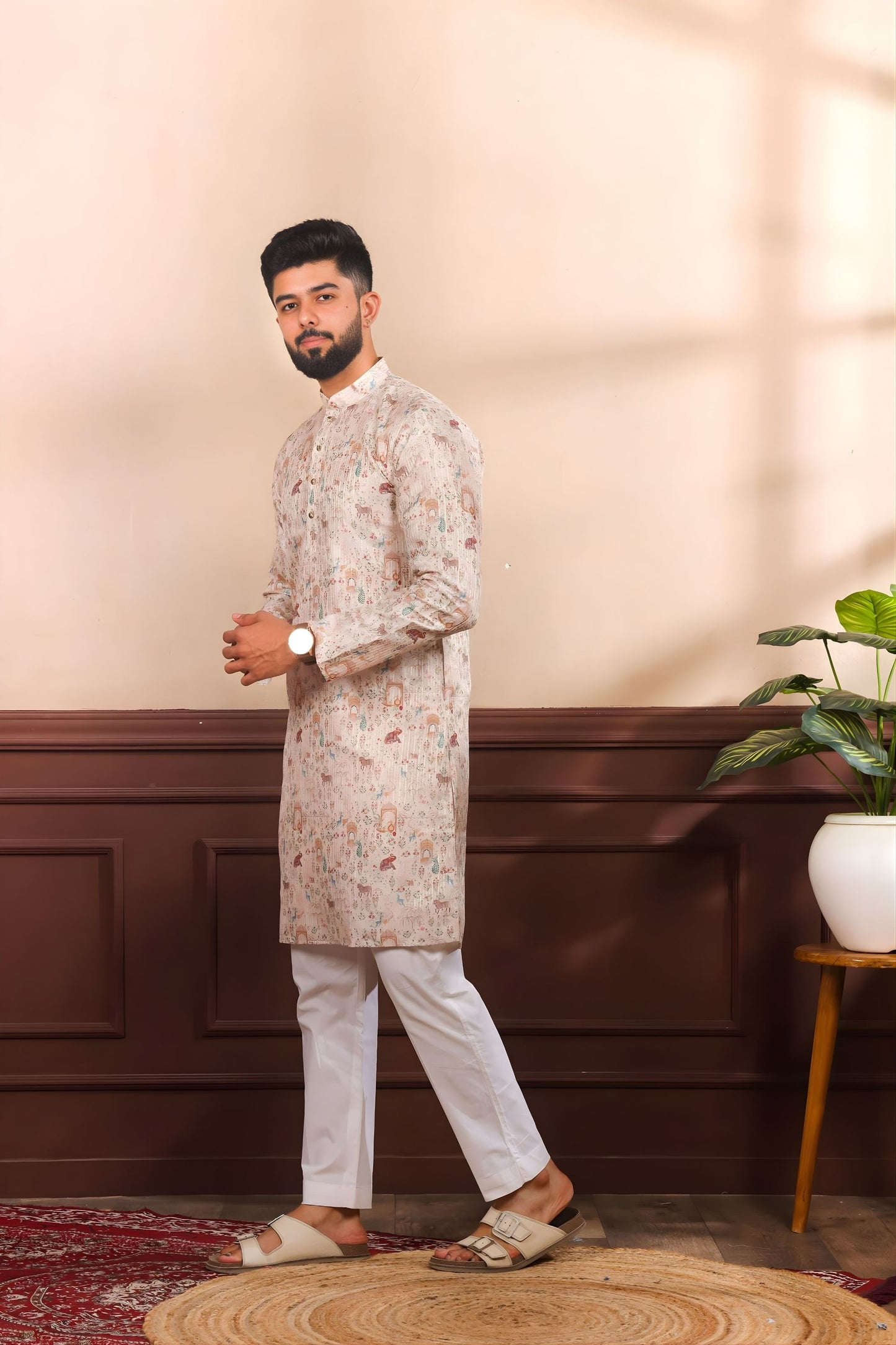 Premium Off White Printed Cotton Kurta Pyjama Set for Men