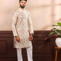 Premium Off White Printed Cotton Kurta Pyjama Set for Men