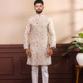 Premium Off White Digital Printed Art Silk Kurta Pyjama Set for Men