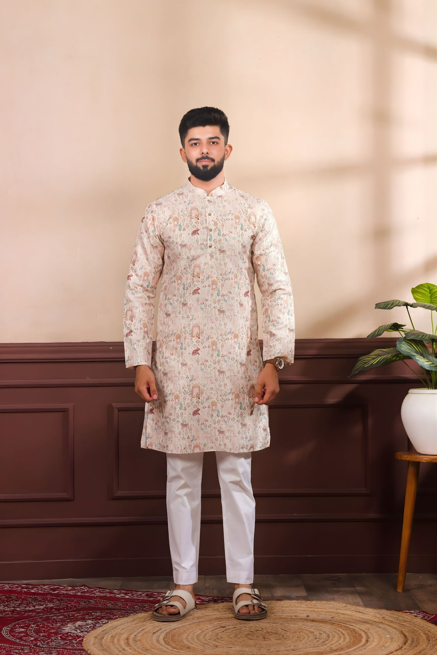 Premium Off White Digital Printed Art Silk Kurta Pyjama Set for Men