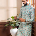 Wonderful Sea Green Digital Printed Art Silk Kurta Pyjama Set for Men