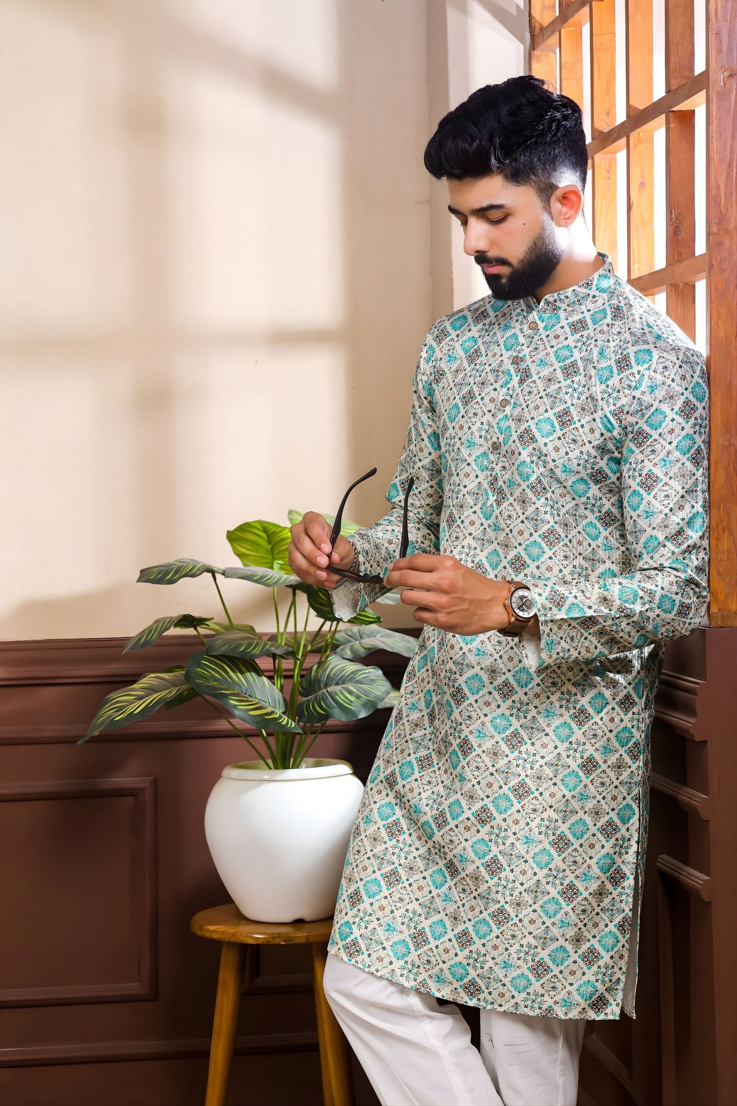 Wonderful Sea Green Digital Printed Art Silk Kurta Pyjama Set for Men
