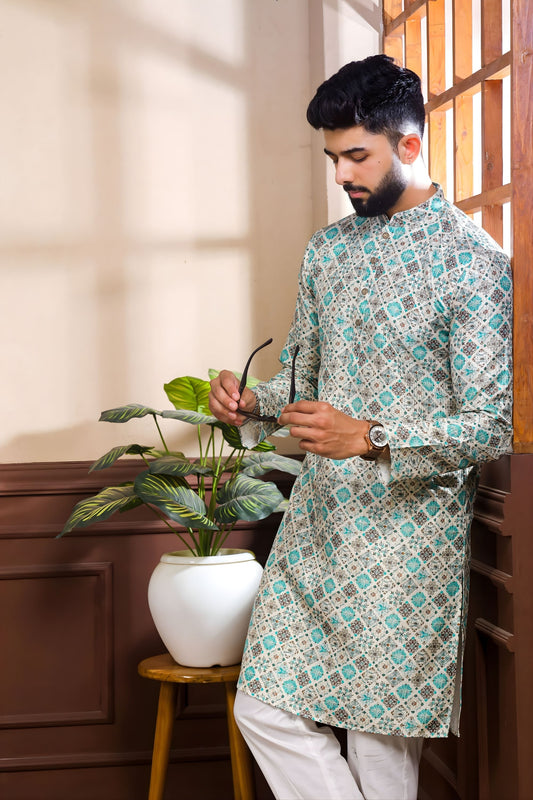 Wonderful Sea Green Digital Printed Art Silk Kurta Pyjama Set for Men