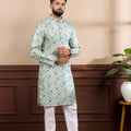 Wonderful Sea Green Digital Printed Art Silk Kurta Pyjama Set for Men