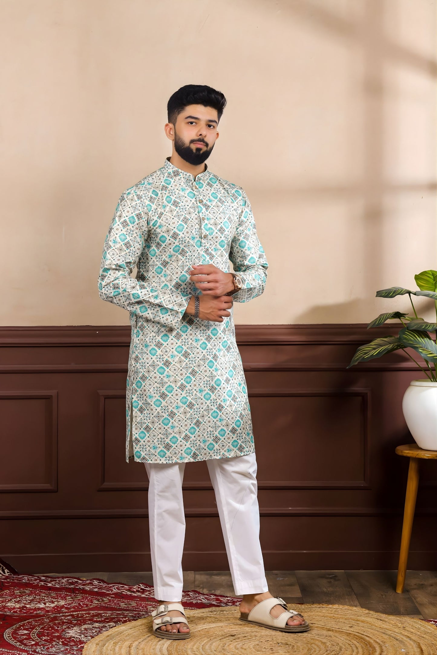 Wonderful Sea Green Digital Printed Art Silk Kurta Pyjama Set for Men