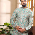 Wonderful Sea Green Digital Printed Art Silk Kurta Pyjama Set for Men