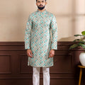Wonderful Sea Green Digital Printed Art Silk Kurta Pyjama Set for Men