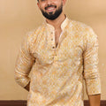 Premium Gold Printed Art Silk Kurta Pyjama Set for Men Wedding Wear Designer Kurta