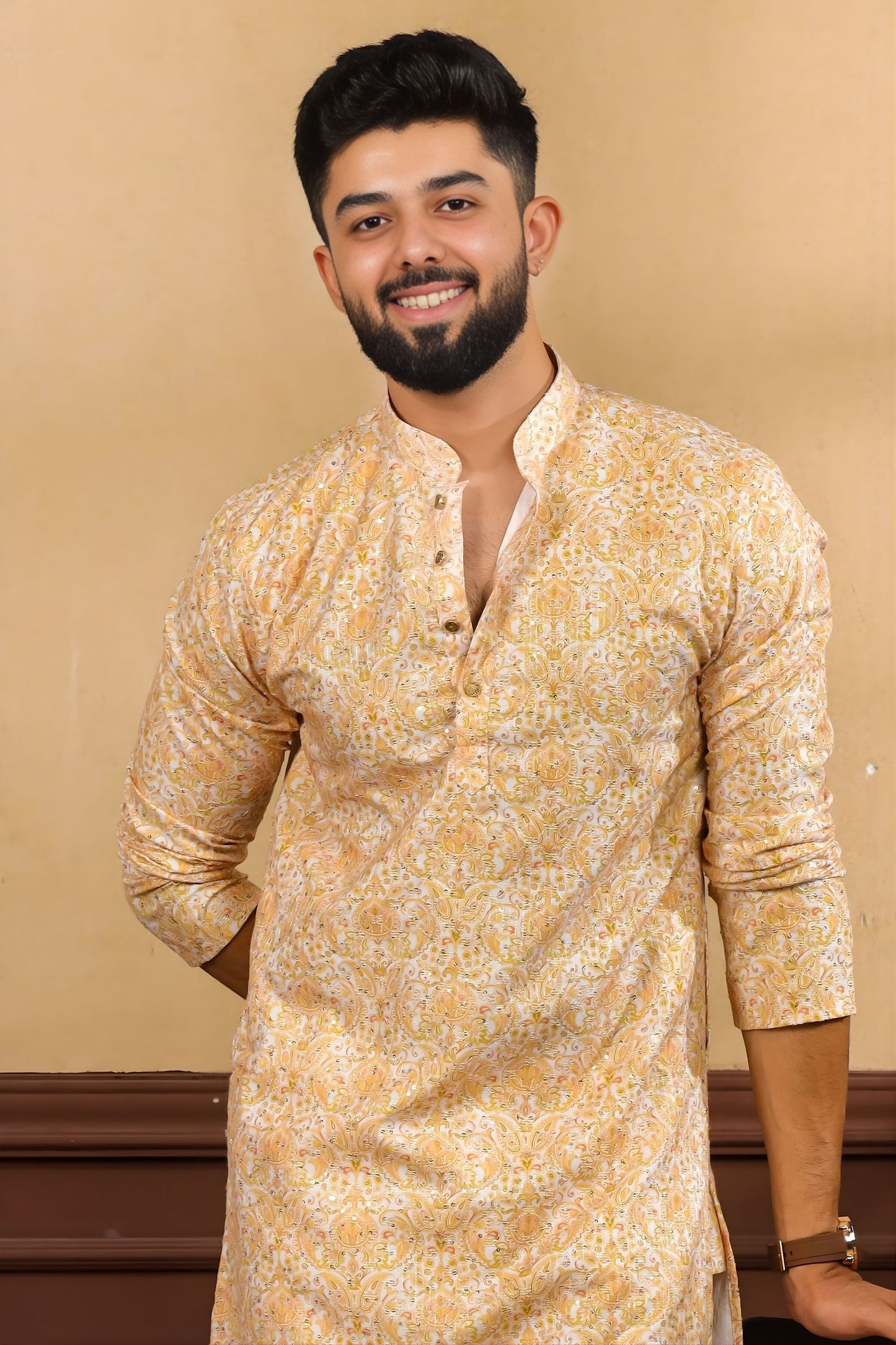 Premium Gold Printed Art Silk Kurta Pyjama Set for Men Wedding Wear Designer Kurta