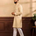 Premium Gold Printed Art Silk Kurta Pyjama Set for Men Wedding Wear Designer Kurta