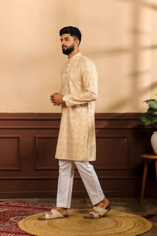 Premium Gold Printed Art Silk Kurta Pyjama Set for Men Wedding Wear Designer Kurta