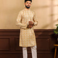 Premium Gold Printed Art Silk Kurta Pyjama Set for Men Wedding Wear Designer Kurta