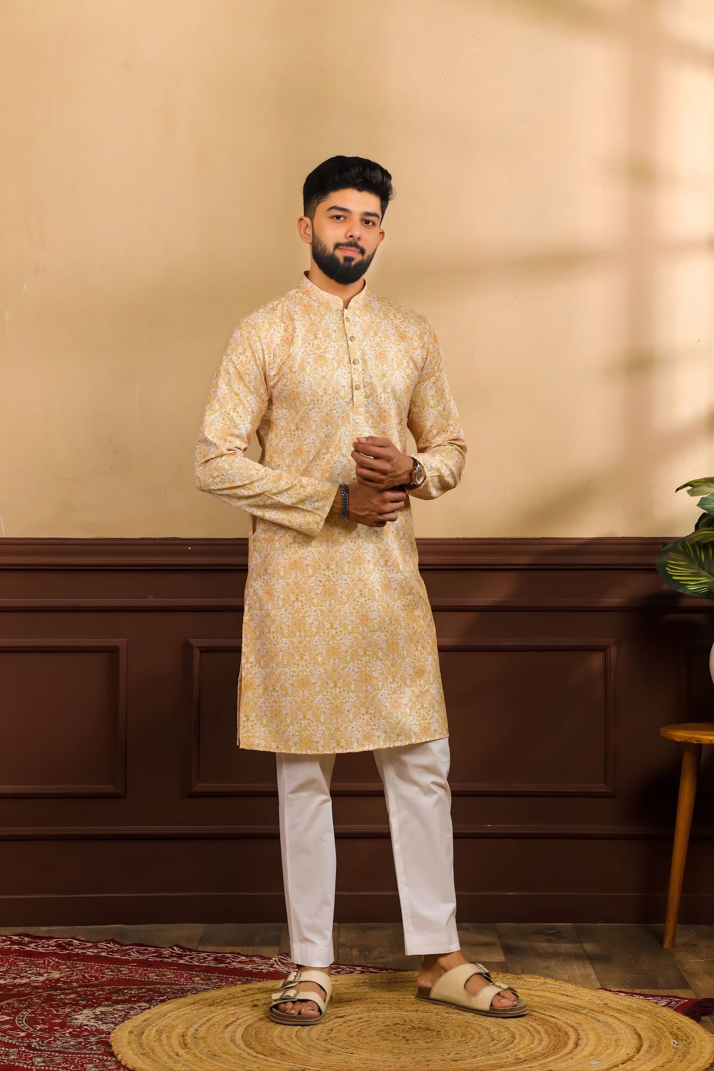 Premium Gold Printed Art Silk Kurta Pyjama Set for Men Wedding Wear Designer Kurta