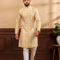 Premium Cream Printed Art Silk Kurta Pyjama Set for Men Wedding Wear Designer Kurta