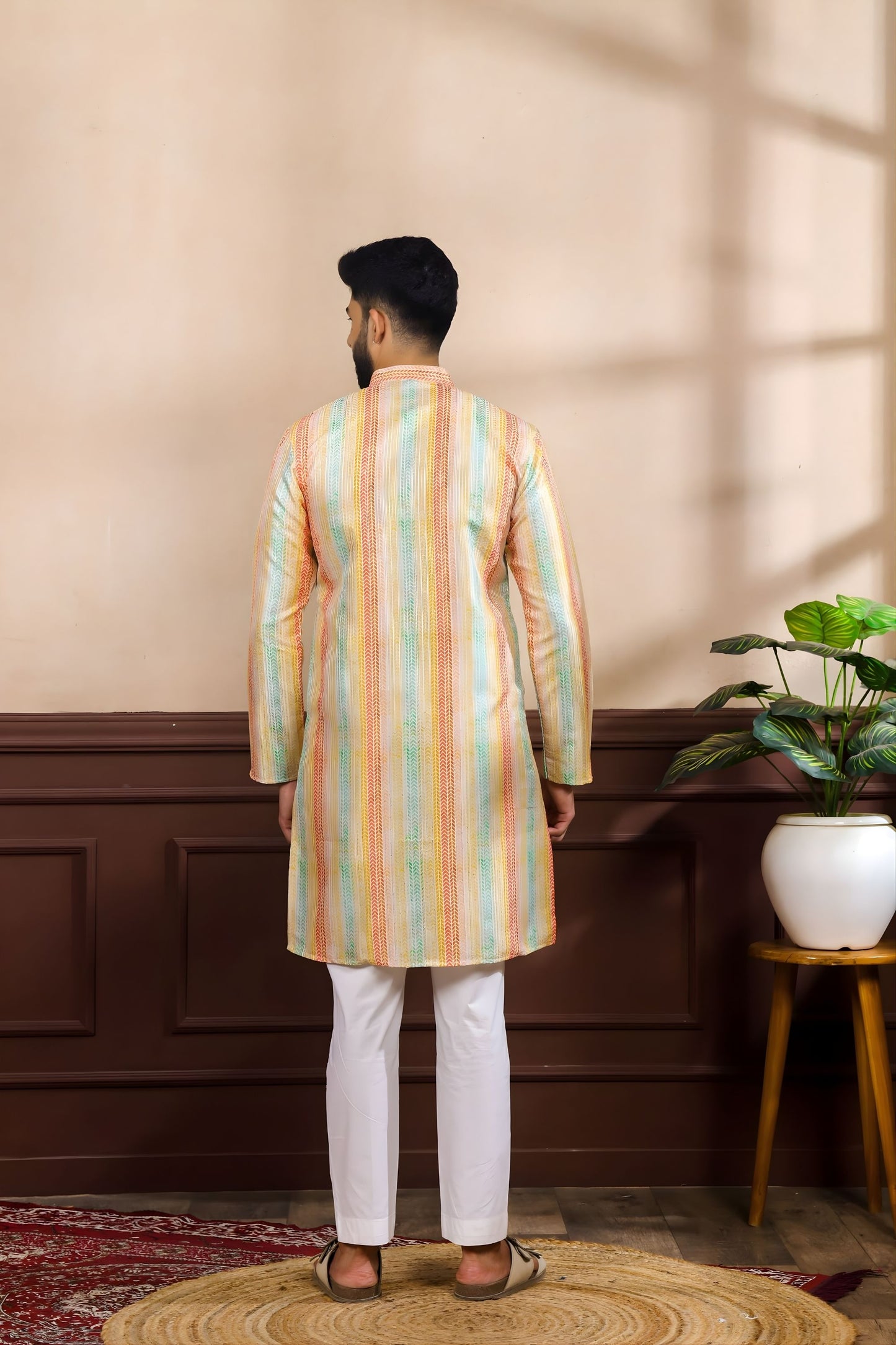 Premium Multicolor Vertical Printed Art Silk Kurta Pyjama Set for Men