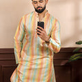 Premium Multicolor Vertical Printed Art Silk Kurta Pyjama Set for Men
