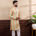 Premium Multicolor Vertical Printed Art Silk Kurta Pyjama Set for Men