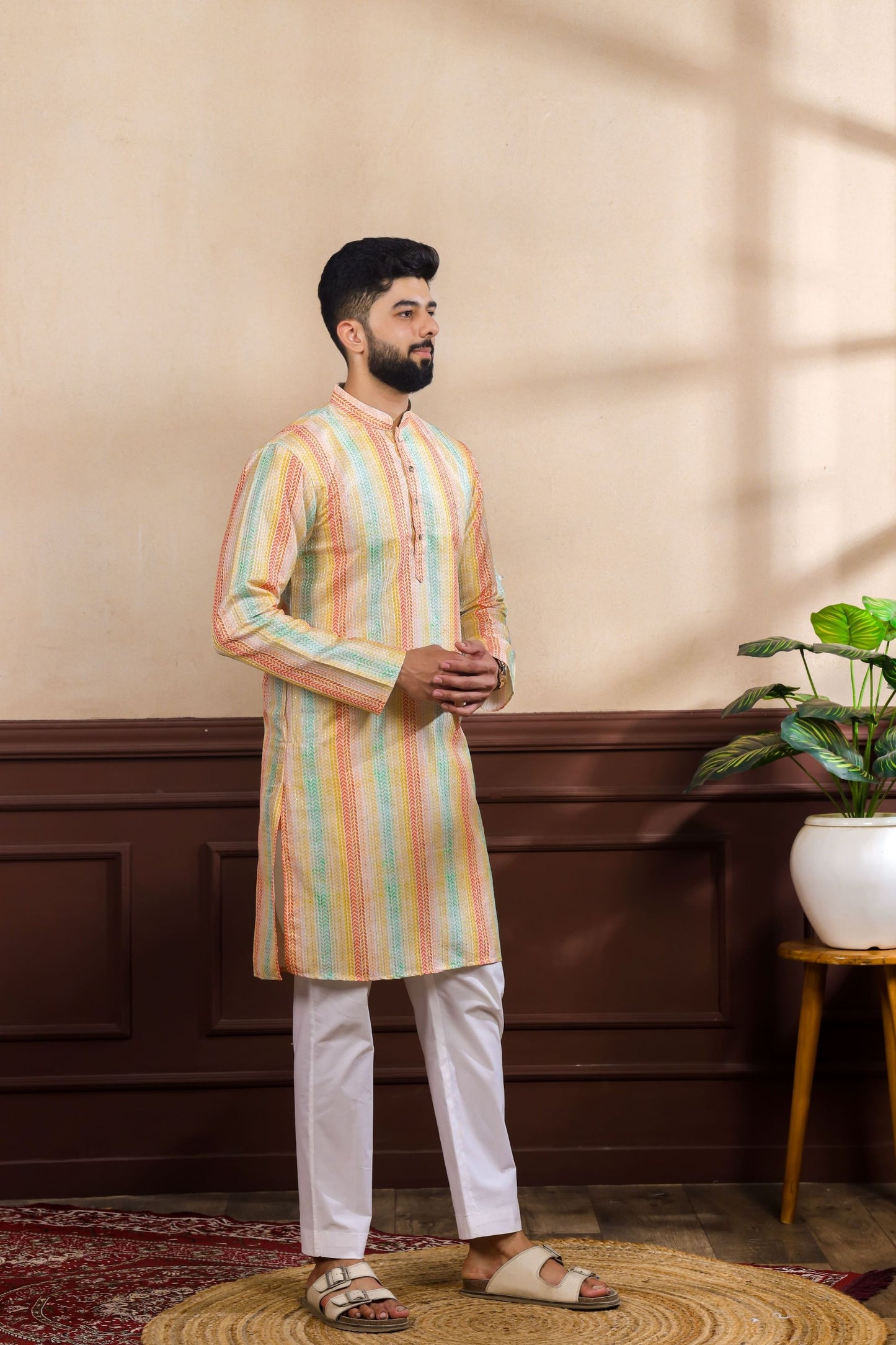 Premium Multicolor Vertical Printed Art Silk Kurta Pyjama Set for Men