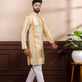 Premium Multicolor Vertical Printed Art Silk Kurta Pyjama Set for Men