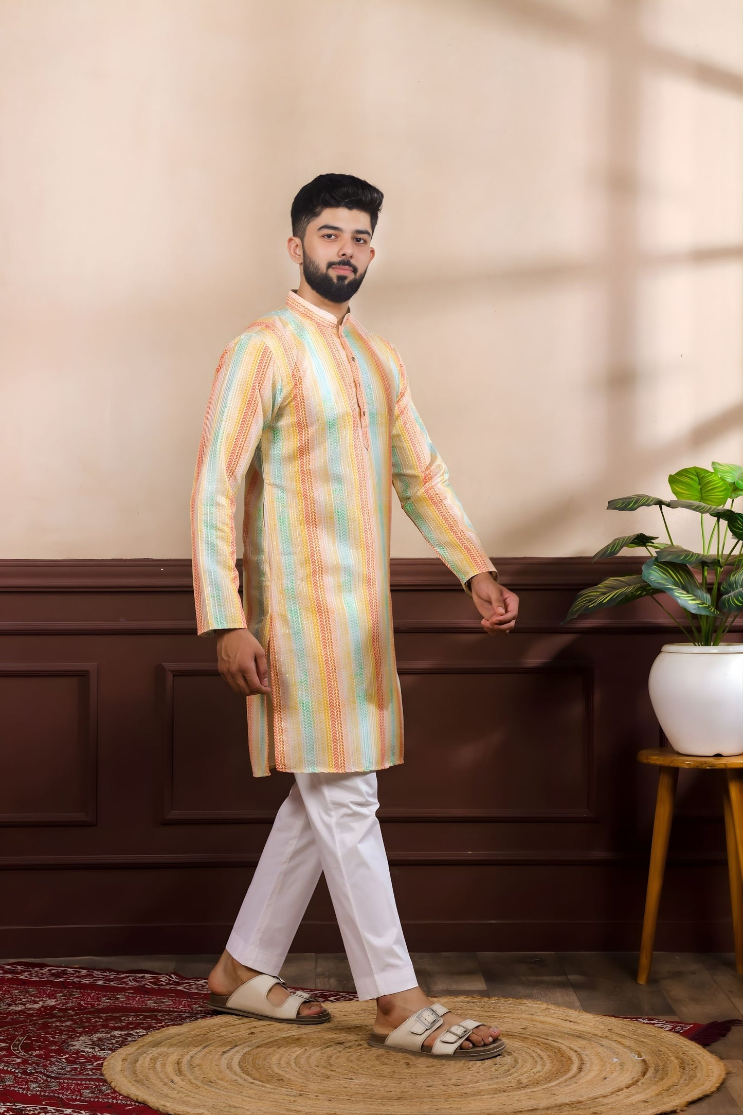 Premium Multicolor Vertical Printed Art Silk Kurta Pyjama Set for Men