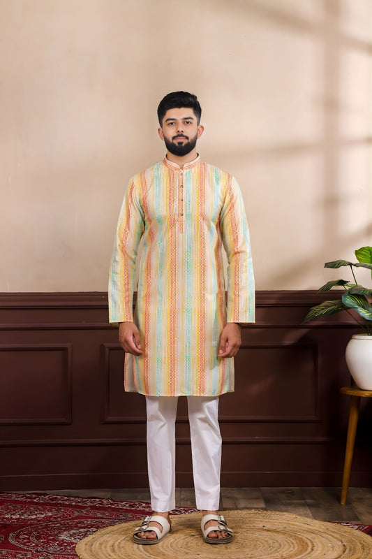 Premium Multicolor Vertical Printed Art Silk Kurta Pajama Set for Men