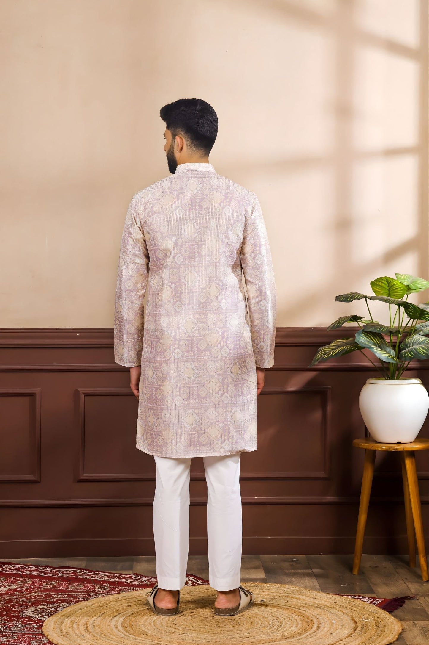 Wonderful Lavender Digital Printed Art Silk Kurta Pyjama Set for Men